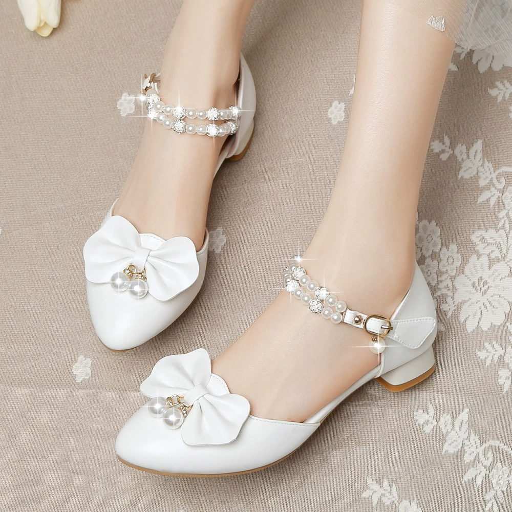 Кожаная обувь для девочек, платье для больших детей, милая обувь принцессы Баотоу с бантом, сандалии с жемчугом, детские летние туфли на высоком каблуке