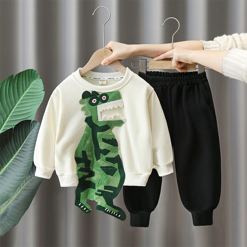 6147 Traje de dinosaurio para niños Otoño 2025 Nuevo suéter de dibujos animados para niños Estilo de primavera y otoño para bebés Conjunto de dos piezas de estilo occidental