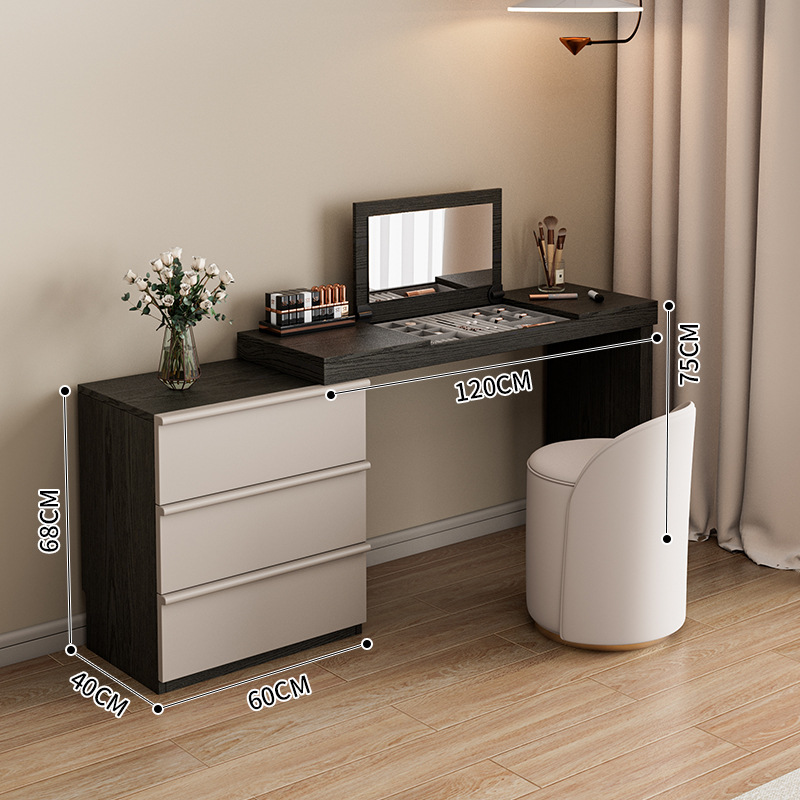 스모크 블랙 120 화장대 + 60 서랍장 + 골드 원형 스툴