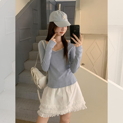 蓝白条纹蕾丝边露锁骨V领长袖T恤女秋季新款内搭打底衫修身上衣