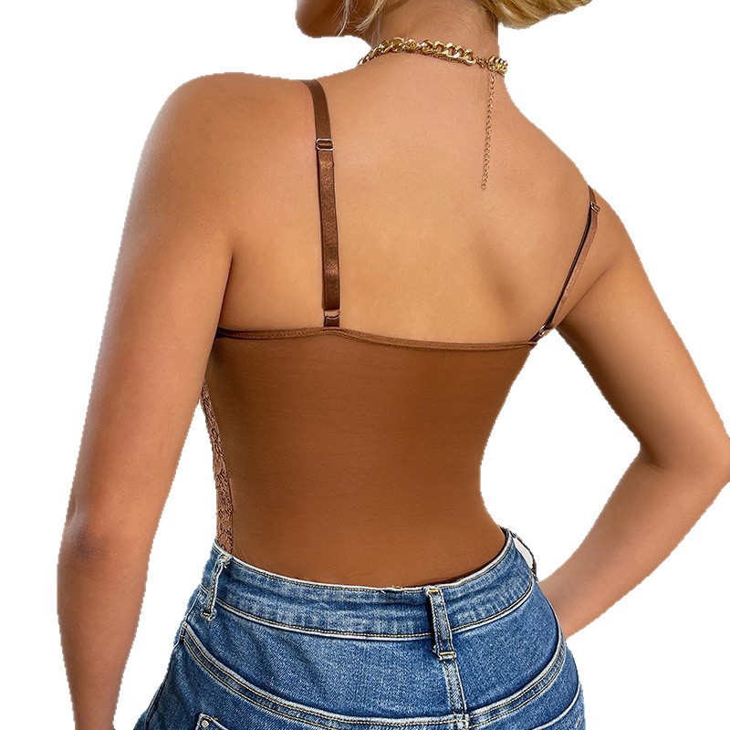 Encaje sexy transfronterizo de una pieza con costuras, anillo de acero, nueva perspectiva europea y americana, tirante interior, top hueco de una pieza