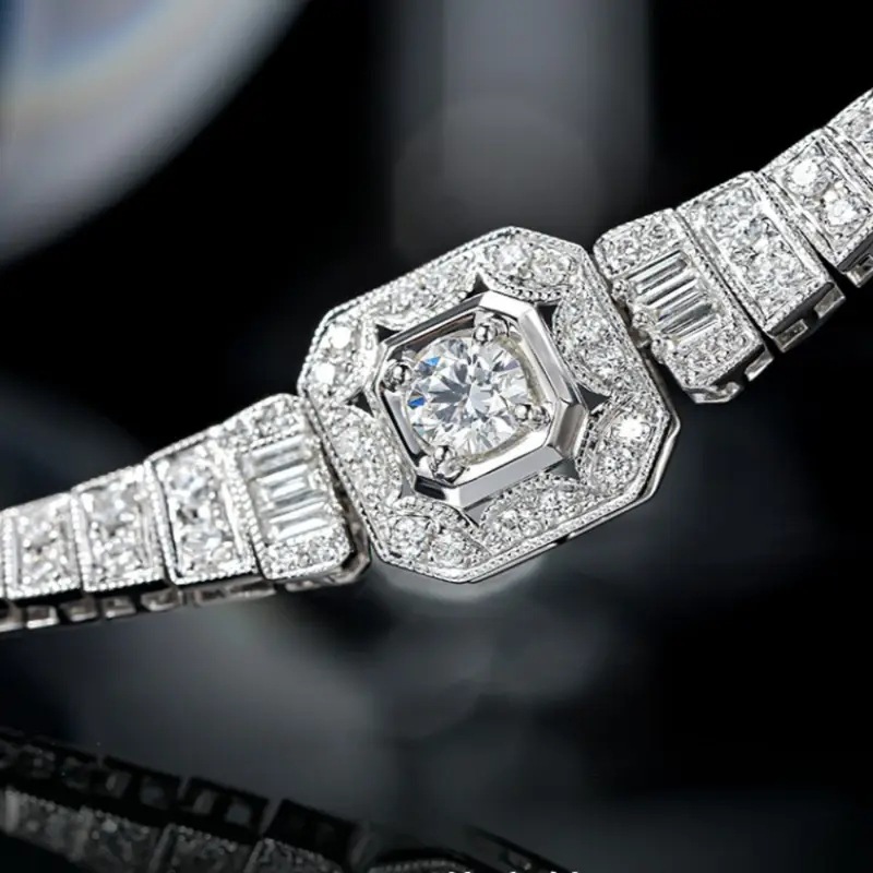 Full Diamond Watch Bracelet, Light Luxury Copper Plated with S925 Silver, Elegant Antique Style for Women, Chain with Geometric Elements, Geometric Light Luxury