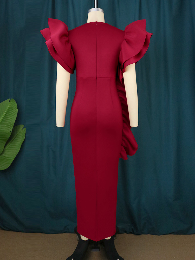 Women's Clothing deep V sexy low cut dress plus size ruffled banquet dress _voghion.com