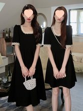 大码女装法式气质长短款连衣裙夏季新款胖mm赫本风方领蕾丝花边裙