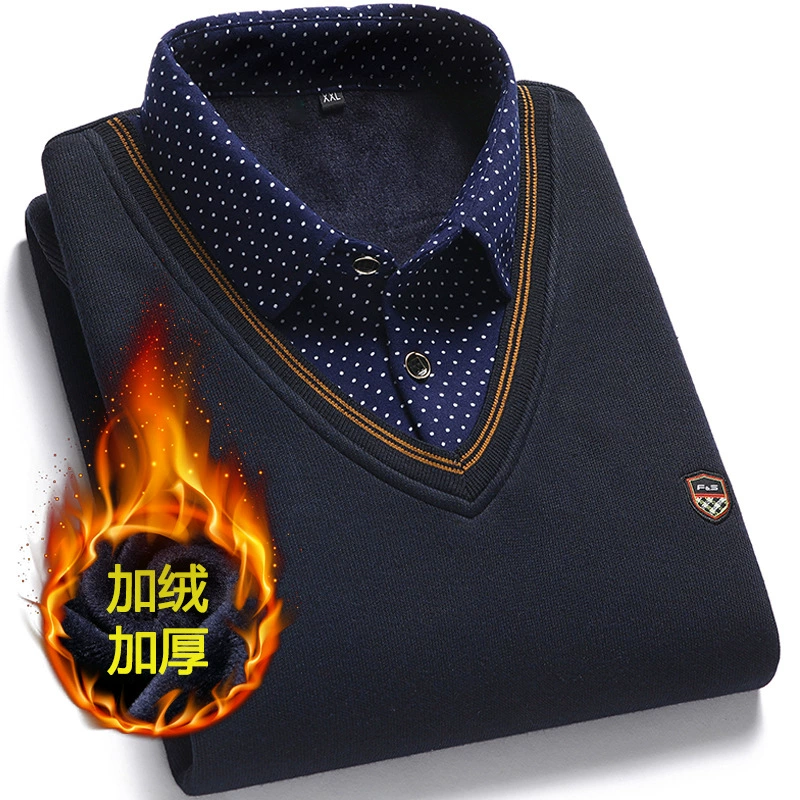Новый поддельный свитер из двух частей, Мужская утолщенная Базовая рубашка на флисовой подкладке, осенне-зимняя рубашка для молодежи и среднего возраста, вязаная рубашка с воротником, пальто