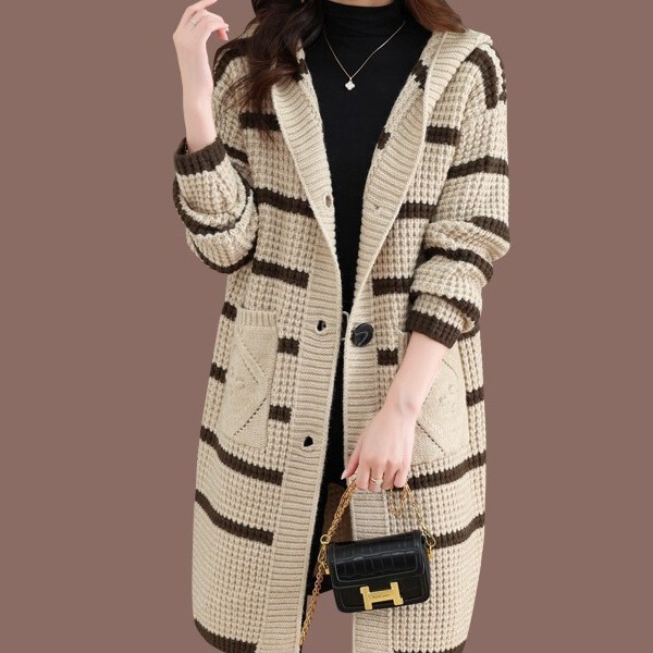 Cross-Border Striped Hooded Sweater Coat for Women, New Autumn and Winter Style, Color-Blocking, Mid-Length, Loose Knit Cardigan Cross-Border Striped Hooded Sweater Coat for Women, New Autumn and Winter Style, Color-Blocking, Mid-Length, Loose Knit Cardigan