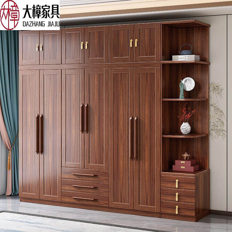 New Chinese Style Black Walnut Solid Wood Wardrobe Modern Simple Large Capacity Storage Cabinet Hanging Wardrobe Home Master Bedroom Wardrobe