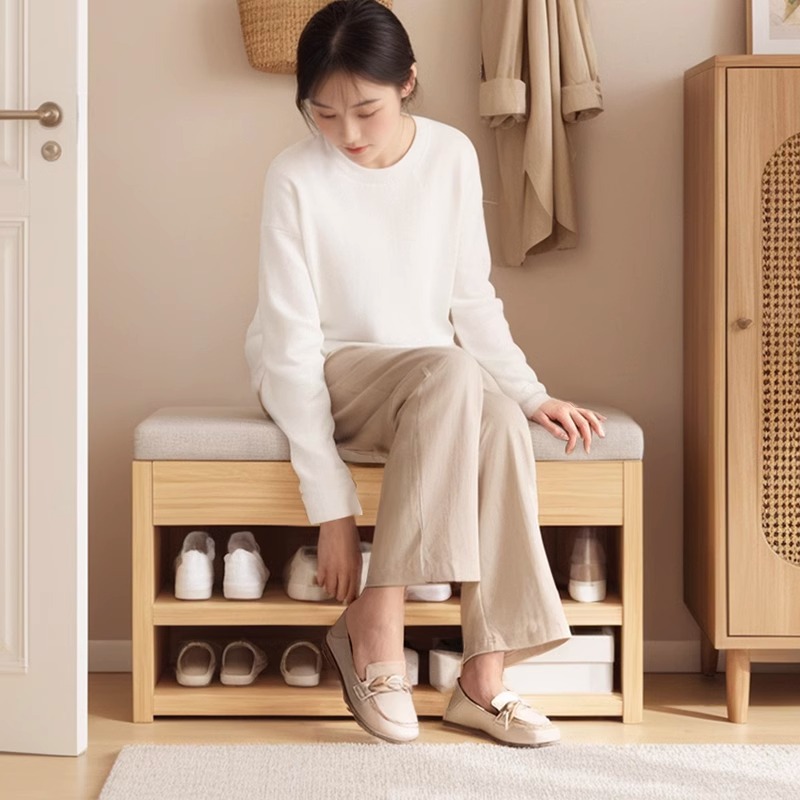 Taburete de cambio de zapatos en la puerta del armario de zapatos doméstico, taburete de asiento integrado de madera sólida, taburete de zapatos largo, estante de zapatos muy estrecho