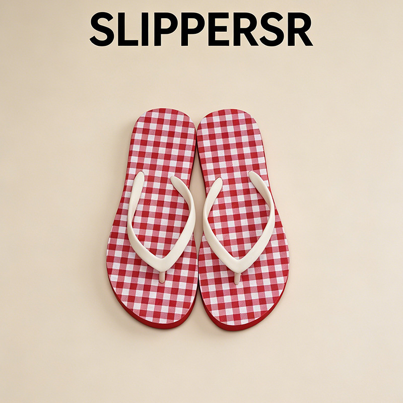 Summer sandals, flat beach shoes, stylish small apple summer blue plaid vacation flip-flops for women