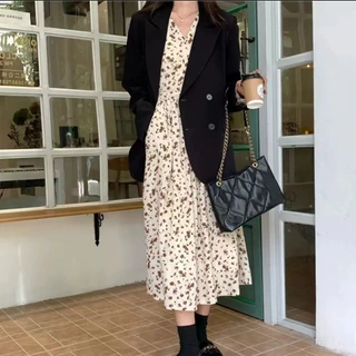 女装法式新款碎花长袖V领长款裙两色百搭优雅风系带有口袋连衣裙
