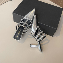 2025夏季单鞋女款尖头柳钉高跟鞋外穿包头懒人穆勒半拖凉鞋穆勒鞋