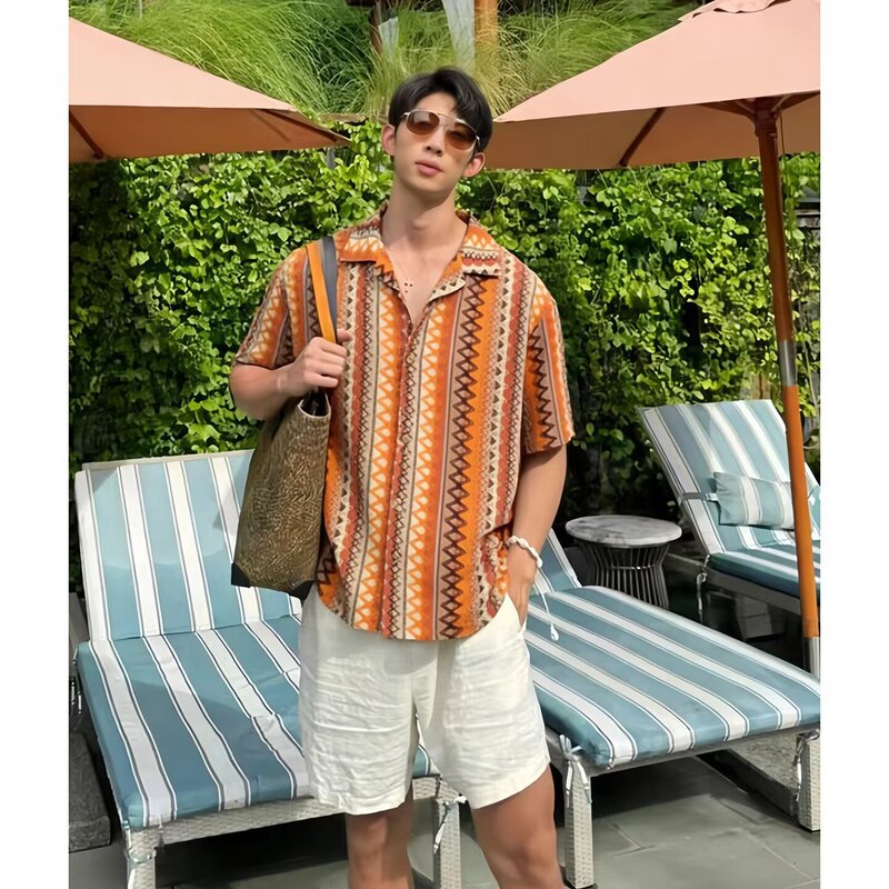 Retro Old Money Style Hollow-Out Woven Ethnic Style Cuban Collar Shirt for Men, Summer Short-Sleeve Shirt with Contrasting Color Design Retro Old Money Style Hollow-Out Woven Ethnic Style Cuban Collar Shirt for Men, Summer Short-Sleeve Shirt with Contrasting Color Design