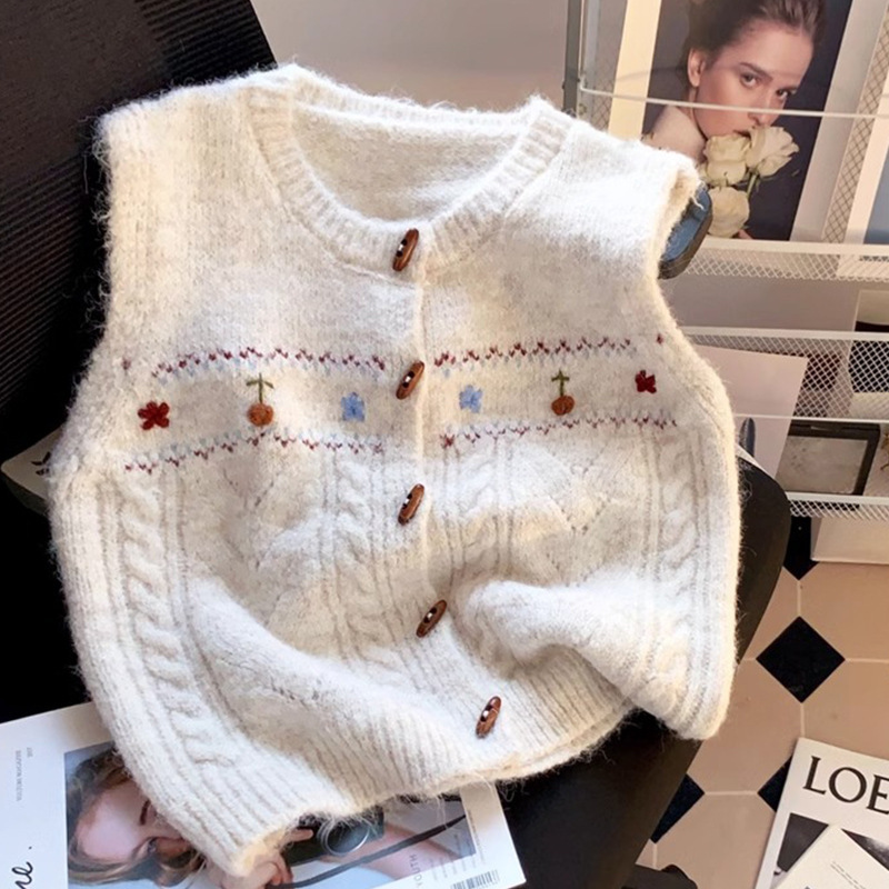 Vintage Knitted Vest Women's Handmade Flower Sweater Waistcoat Vest Round Neck Stacked Sweet Jacquard Vest All-Match Trendy