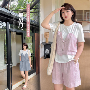 Plus Size Women's Work Clothing Fake Two-Piece Shorts Suit Women's 2025 Summer New Cool and Flesh-Covering Two-Piece Set 242606