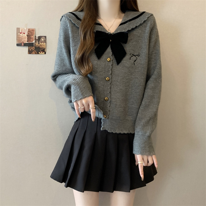 Plus Size Preppy Style Knitted Cardigan Jacket for Women Autum Navy Collar Soft Waxy Sweater Fat mm Slimming Look Bow Top Plus Size Preppy Style Knitted Cardigan Jacket for Women Autum Navy Collar Soft Waxy Sweater Fat mm Slimming Look Bow Top