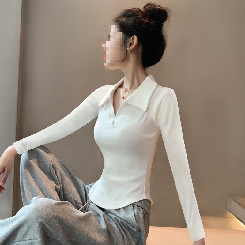 黑色polo翻领长袖打底衫女新款秋冬设计感弧形下摆不规则上衣纯色