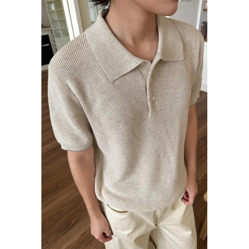 Men's Luxury Summer Knitwear: Cotton and Linen Yarn, Old Money Style, Relaxed and Breathable Short-Sleeve Knit Shirt, Old Money Style Top