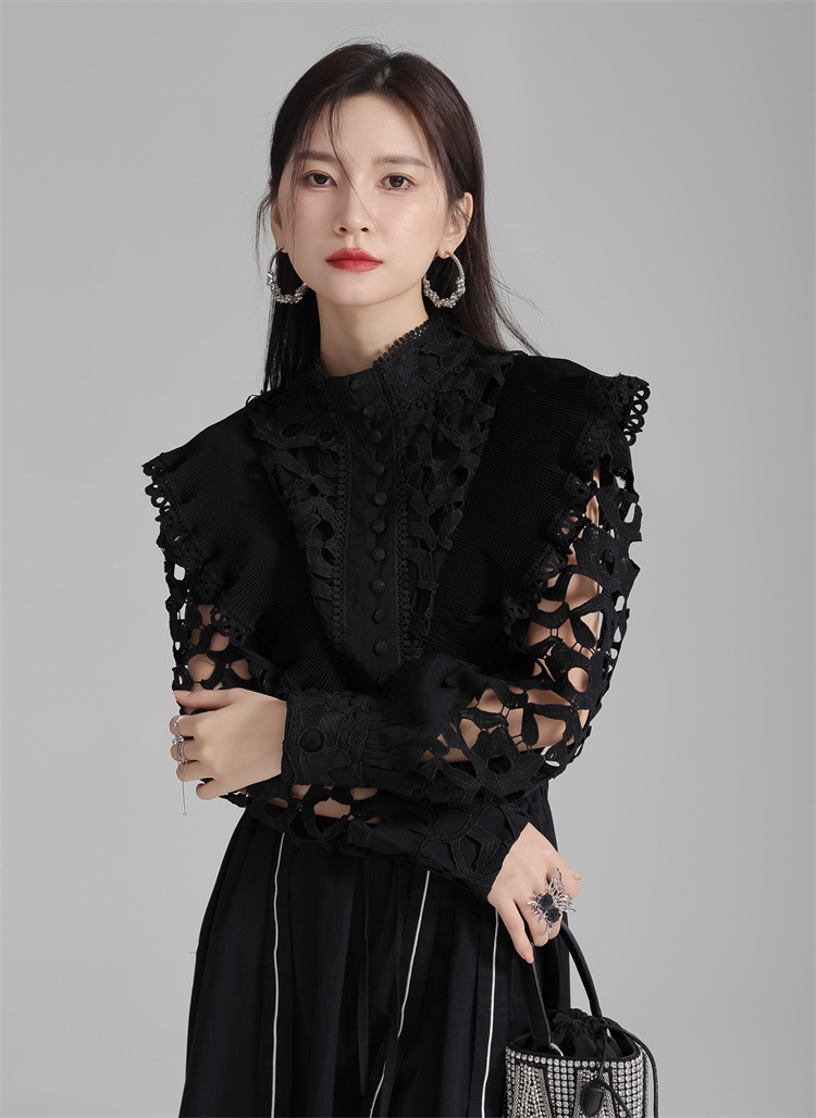 法米姿 早春新款宫廷风法式刺绣镂空衬衫显瘦别致立领上衣