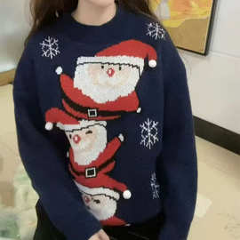 可爱卡通圣诞老人提花圆领毛衣女冬季加厚宽松针织衫减龄上衣软糯