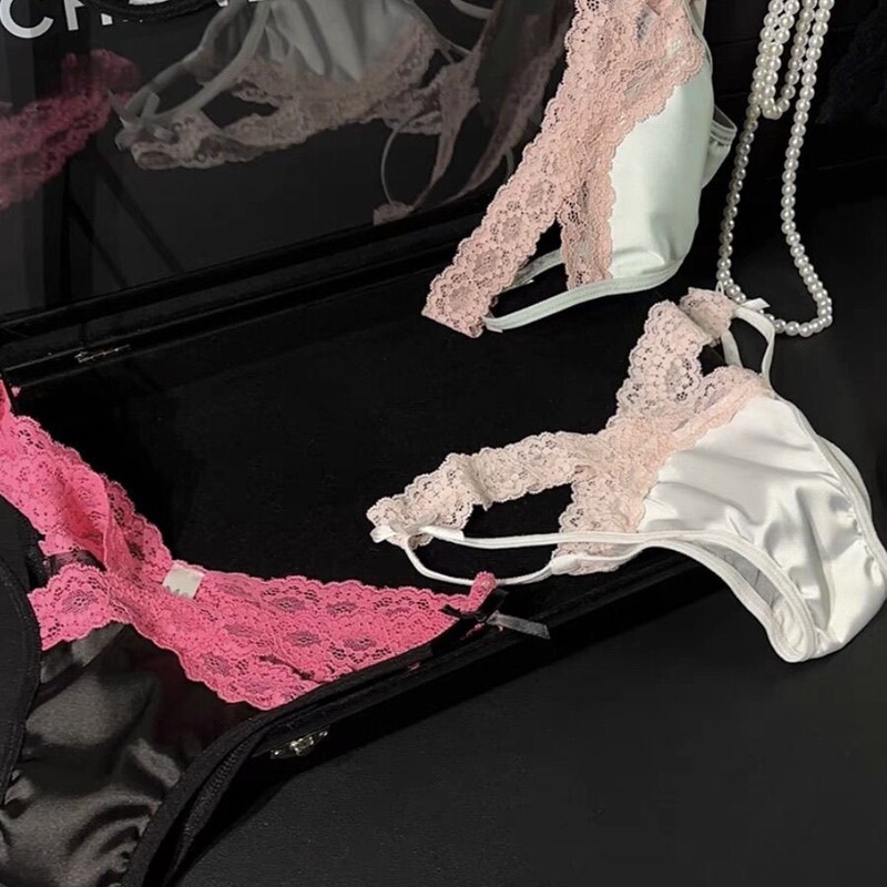 Spice Girls Satin Twisted T-Briefs Women Pure Lace French Sexy Temptation Low Waist Triangle T-Pants