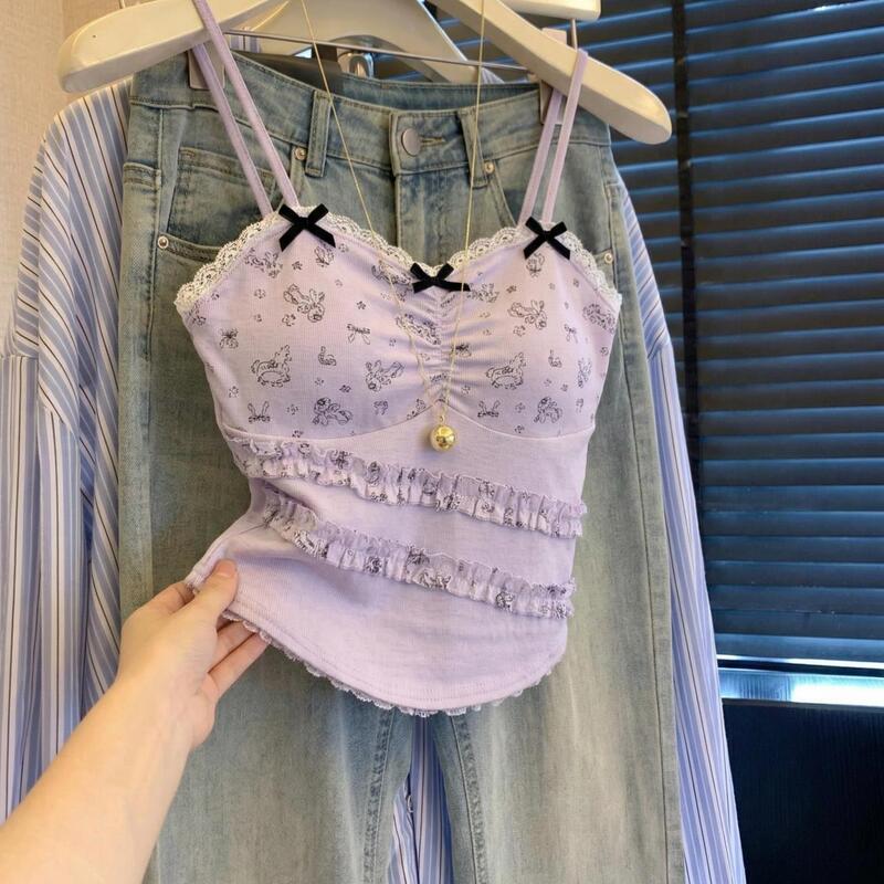 Sweet and Cool Hot Girl Style Printed Lace Camisole for Women, Summer Sleeveless Top with 3D Bow and Built-in Chest Pads