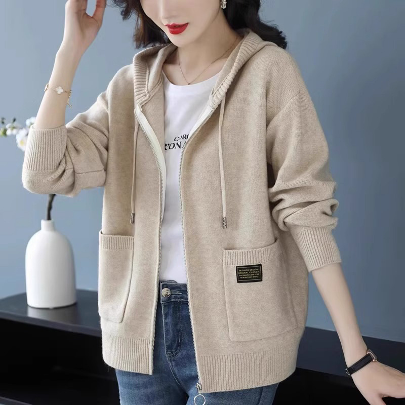 Hooded Zipper Knitted Cardigan 2025 Autum New Loose Women's Sweater Jacket Fashionable Spring and Autum Style Top