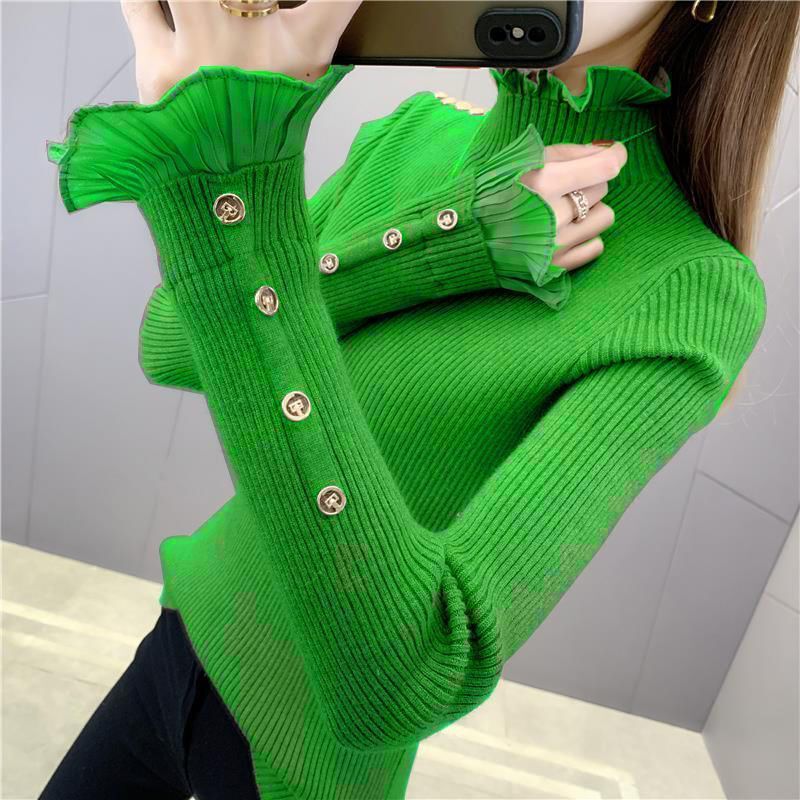 2025 Patchwork Lace Sleeve Knitwear Half Turtleneck Slim Slim Bottoming Knitwear Women's Style Inner Knitwear Top