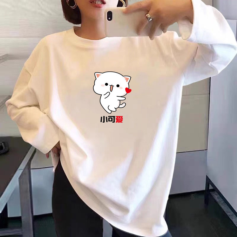 Camiseta de manga larga de algodón puro para mujer Camiseta blanca de talla grande grasa MM suelta de moda para mujer camisa de fondo 2025 primavera y otoño top