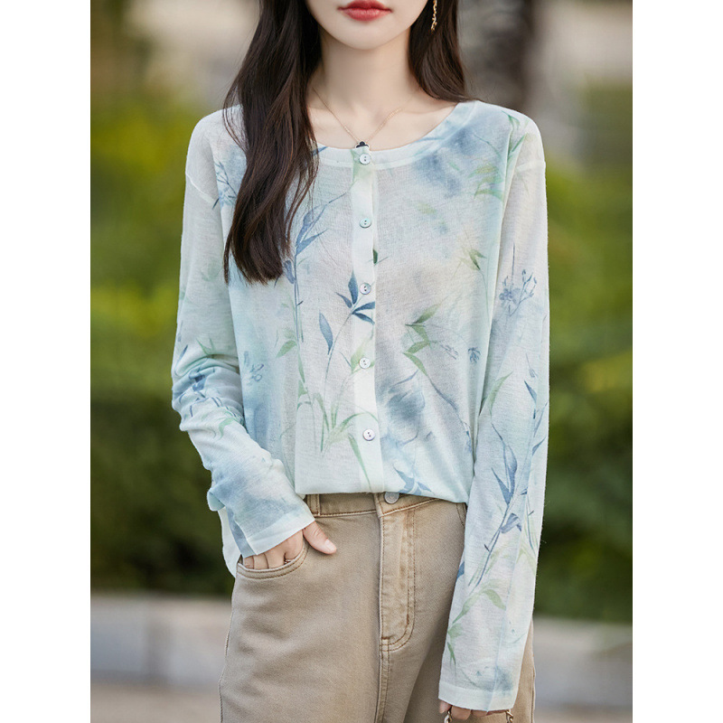 Spring and Autumn New Wool Crewneck Knitted Cardigan Women's Crewneck Elegant Printed Loose Sweater All-match Thin Trendy Shirt