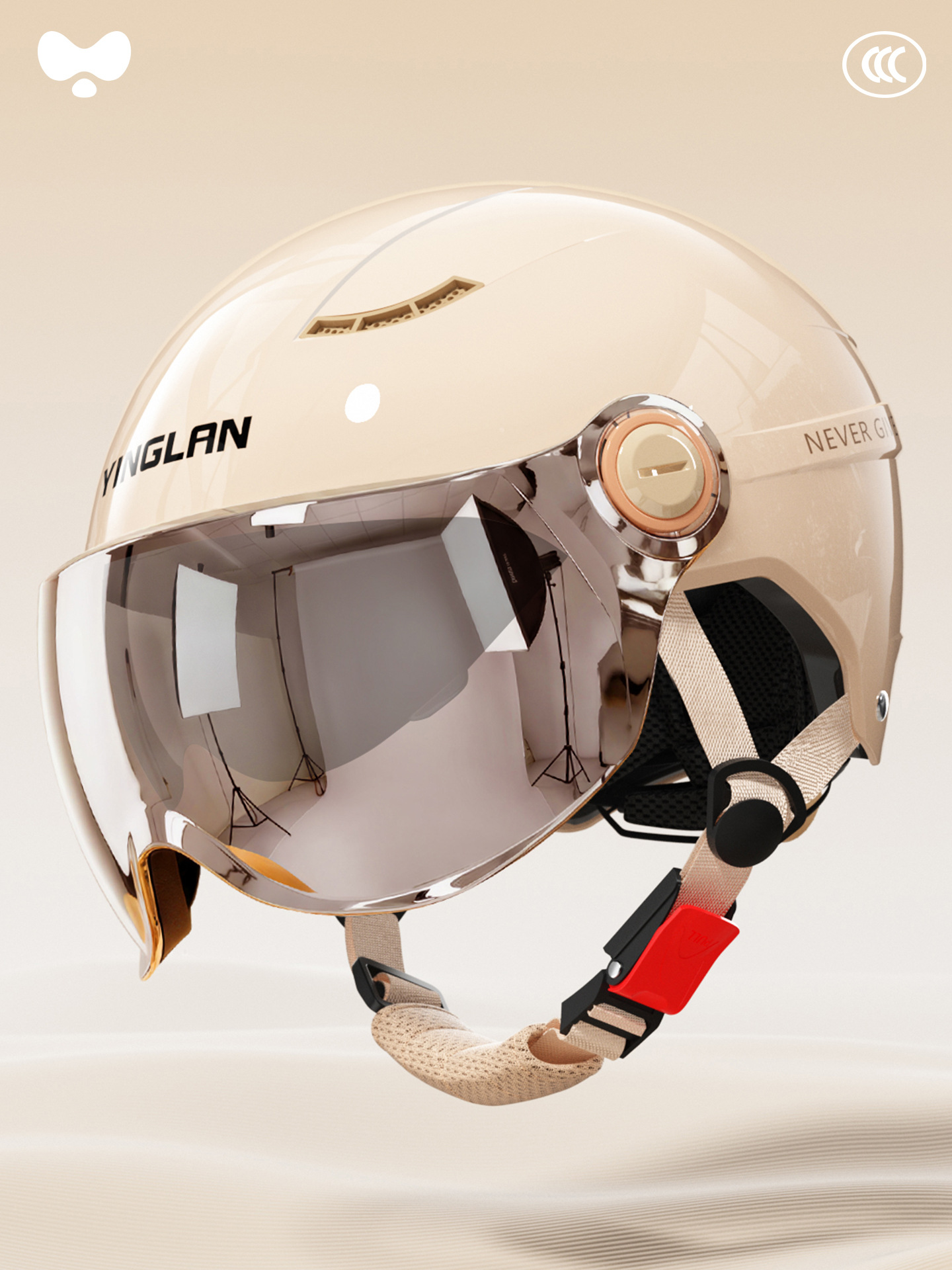 Helmet Electric Vehicle — Universal Motosiklet kaskı (dəbilqə) - 3c-khaki-electroplated-inner-and-outer-double-mirror-new-national-standard-class-a