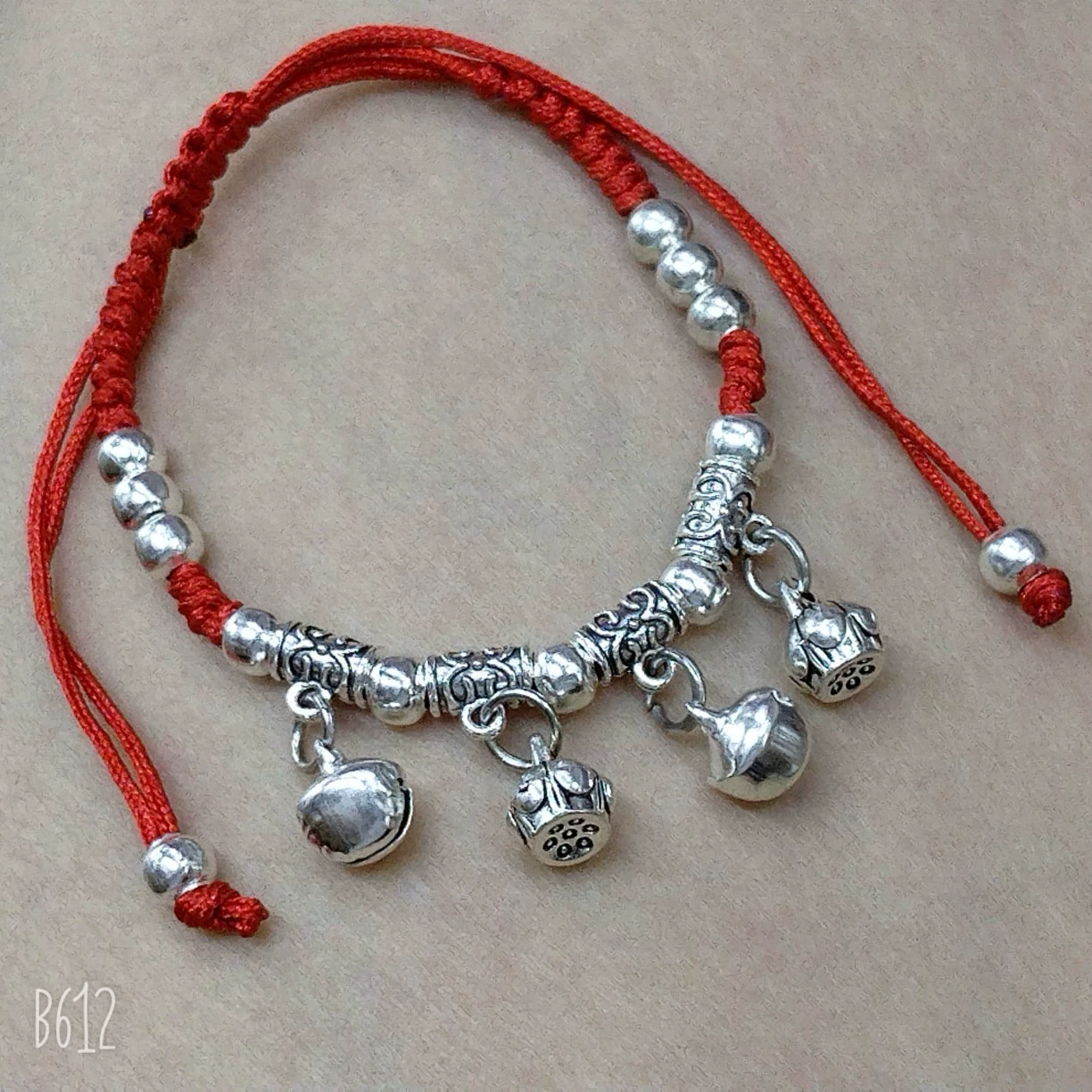 Woven Red Rope Bracelet, Miao/Tibetan Silver Alloy Charms, Ankle & Wrist, Multiple Styles