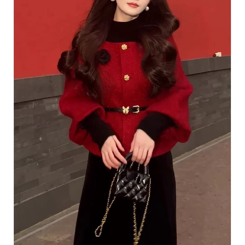 冬季富家千金名媛气质小洋装高级感小香风红色新年战袍连衣裙套装