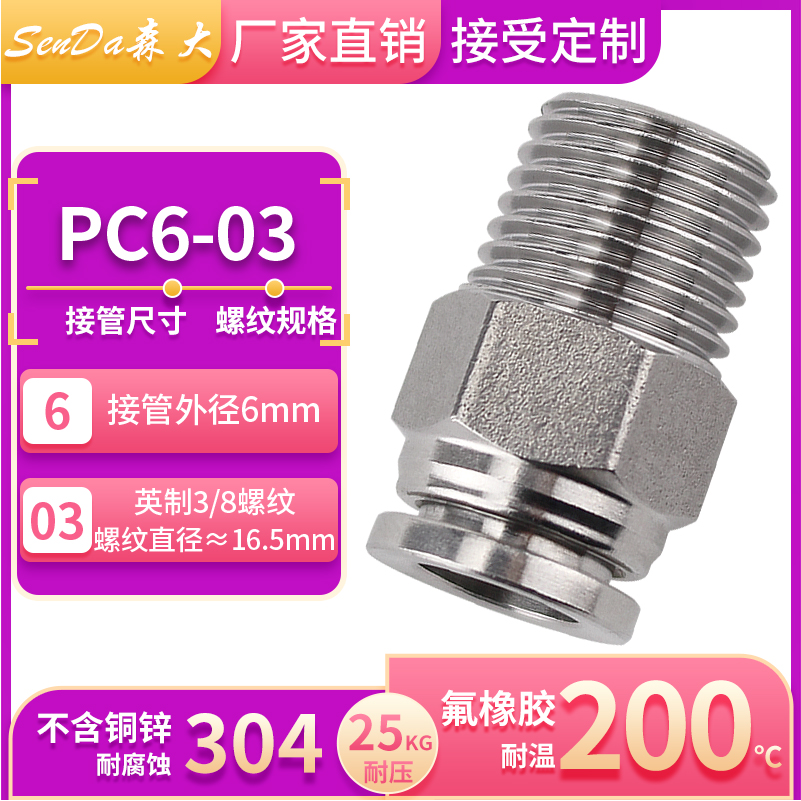 Conectores de tubería de aire de acero inoxidable, inserción rápida neumática con rosca a través de hilo interno, manguera de alta presión, conexión rápida PC/PCF