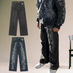 REVENGE American Hip-Hop Denim Jeans Correct Version Thorn Embroidery Wash Street Fashion Straight Leg Casual Pants
