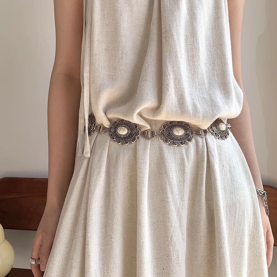 波西米亚风金属腰链重工雕刻白松石腰带收腰简约百搭配长裙女夏季