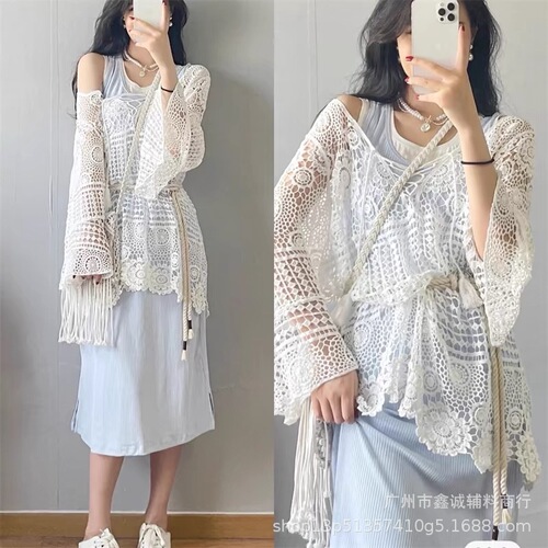 Thailand Vacation Long Sleeve Lace Tunic with Lace-up Hook and Loop Loose Spa Outerwear Knit Cover 