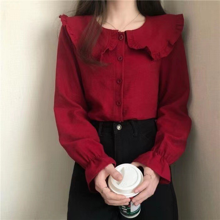 Doll Collar Shirt Women's Loose Korean Style Long Sleeve wine red Cyber Popular Fairy Shirt 2024 Spring Sweet Top Western Style