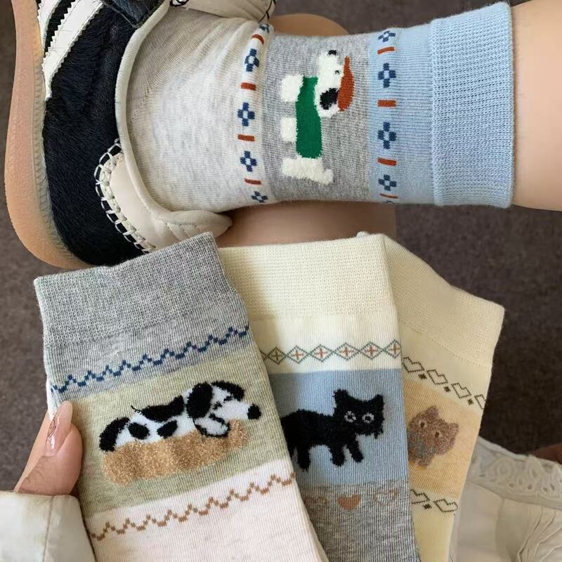 Original Socks Women's Mid-Calf Socks Retro Style Color Matching Animal Puppy Socks Cute Cartoon Korean Style Ins Kitten Socks