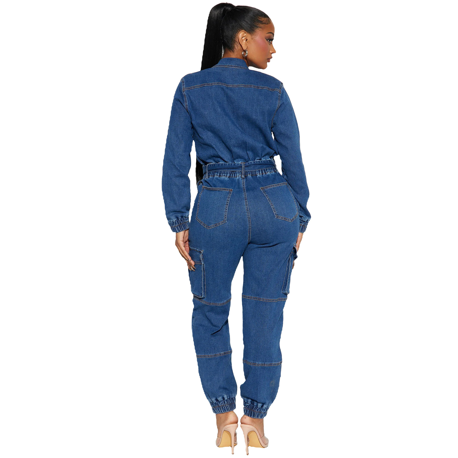 Women's Clothing 3571 New Fashion Street Style Waist hugging Body shaping Multi pocket Elastic Waist Denim Overalls Jumpsuit_voghion.com