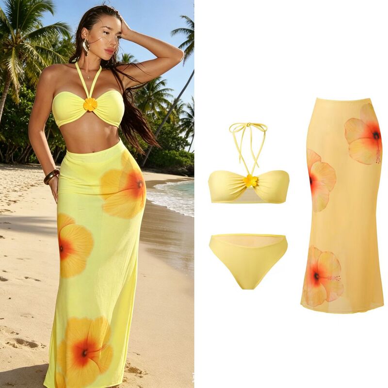 European and American Cross-Border Swimwear for Women, Three-Piece Bikini Set, Beach Long Skirt, Printed Halter Neck Tie-Up Bandeau Bikini European and American Cross-Border Swimwear for Women, Three-Piece Bikini Set, Beach Long Skirt, Printed Halter Neck Tie-Up Bandeau Bikini