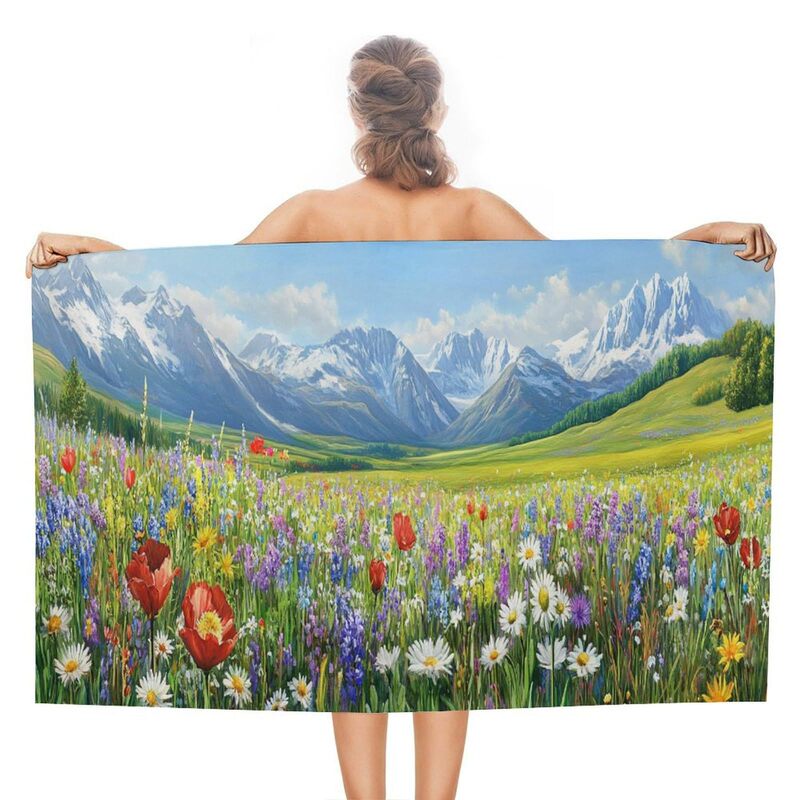 Colorful Flower Field Beach Bath Towel Quick-drying Sand-free Snow Mountain Wild Flower Beach Towel Sports Camping Vacation Gym