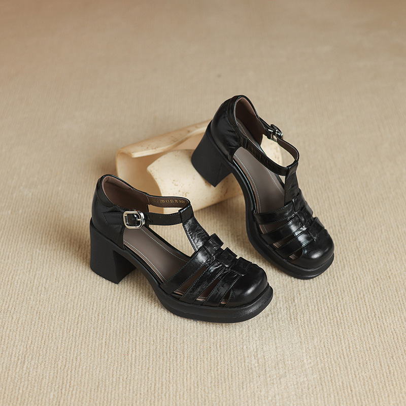 Sandal nữ phong cách La Mã gót dày 7 cm, mũi kín quai T, đế xuồng — màu nâu chi tiết 21