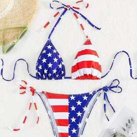 女士Summer Beach美国国旗印花挂脖系带性感比基尼分体泳衣套装