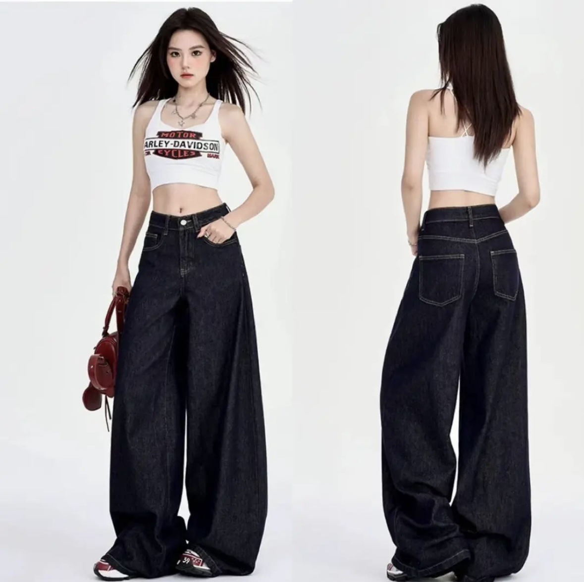 다크 블루 스트레이트 다리 청바지 여성용 여름 얇은 바지 걸레 바지 슬리밍 높은 허리 넓은 다리 느슨한 바지
