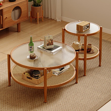 玻璃藤编茶几客厅家用现代简约小户型圆形2023新款小茶桌