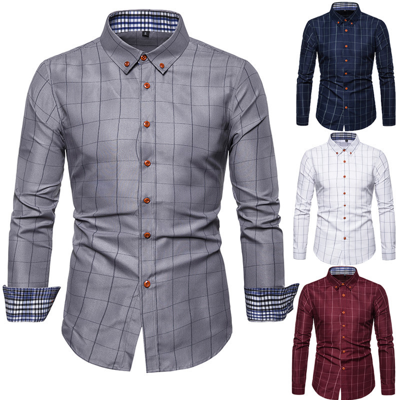 New checkered youth long sleeved square neck shirt, loose fitting version, men's clothing_voghion.com