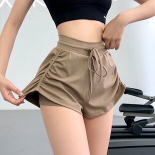 Summer drawstring anti-light training sports three-point pants fake two-piece yoga shorts women's gym running quick-dry breathable