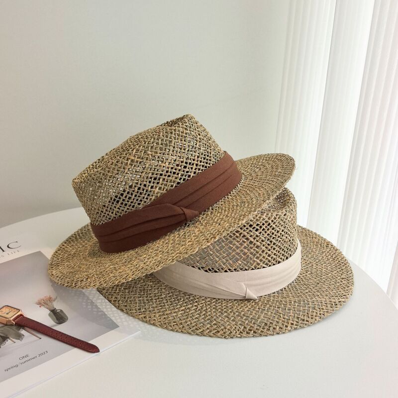 Korean Ins Straw Woven Internet Celebrity Flat-Top Hat for Women, European and American Style British Fashion Vacation Hollow Sun Hat