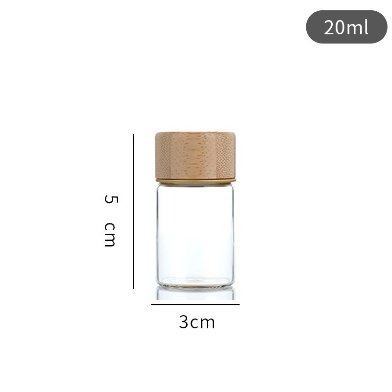 Botella de reactivo de la píldora de muestra de tapa de madera de bambú al por mayor, botella de embalaje de azafrán de boca de tornillo, botella de control de borosilicato de 30mm de diámetro