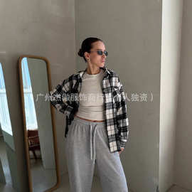 2025新款春秋格纹复古风百搭休闲翻领长袖开衫衬衣欧美跨境外贸衬